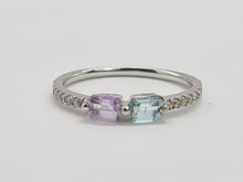 Load image into Gallery viewer, 0258: Vintage: 9ct White Gold Topaz. Amethyst, Diamonds Stacker Ring- petite and sparkling
