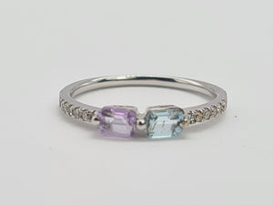 0258: Vintage: 9ct White Gold Topaz. Amethyst, Diamonds Stacker Ring- petite and sparkling