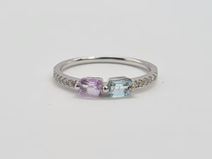 0258: Vintage: 9ct White Gold Topaz. Amethyst, Diamonds Stacker Ring- petite and sparkling