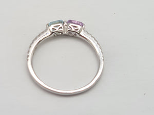 0258: Vintage: 9ct White Gold Topaz. Amethyst, Diamonds Stacker Ring- petite and sparkling