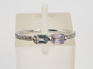 0258: Vintage: 9ct White Gold Topaz. Amethyst, Diamonds Stacker Ring- petite and sparkling