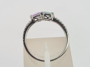 0258: Vintage: 9ct White Gold Topaz. Amethyst, Diamonds Stacker Ring- petite and sparkling