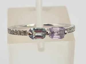 0258: Vintage: 9ct White Gold Topaz. Amethyst, Diamonds Stacker Ring- petite and sparkling