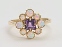 Load image into Gallery viewer, 0276: Vintage: 9ct Gold Lilac Amethyst Opals Flower Head Ring
