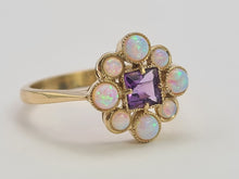 Load image into Gallery viewer, 0276: Vintage: 9ct Gold Lilac Amethyst Opals Flower Head Ring
