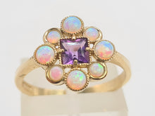 Load image into Gallery viewer, 0276: Vintage: 9ct Gold Lilac Amethyst Opals Flower Head Ring
