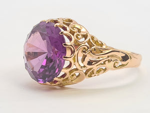 0487:Vintage: 9ct Gold Round Cut Large Amethyst Statement Ring- fabulous round cut stone