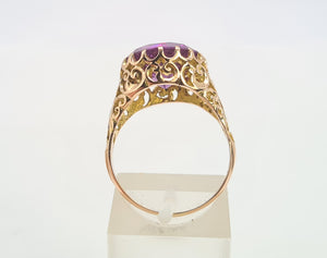 0487:Vintage: 9ct Gold Round Cut Large Amethyst Statement Ring- fabulous round cut stone