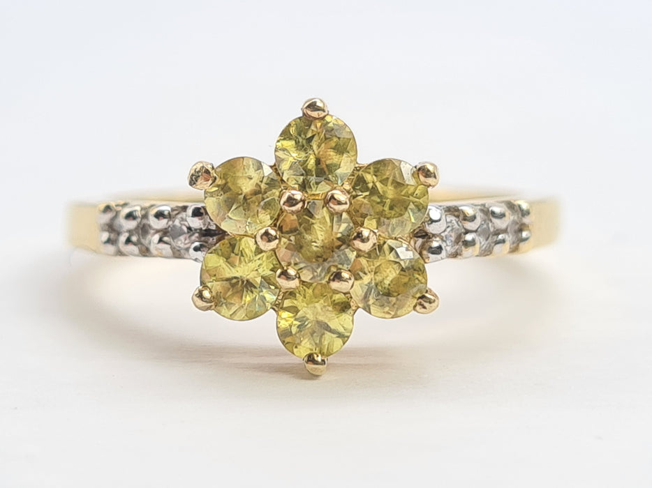 6193 Vintage: 9ct Gold Heliodor  & Glacier Topaz Flower Head Ring