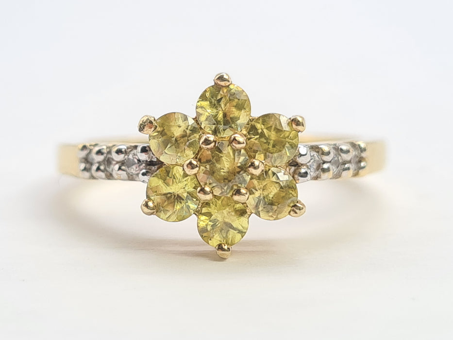 6193 Vintage: 9ct Gold Heliodor  & Glacier Topaz Flower Head Ring