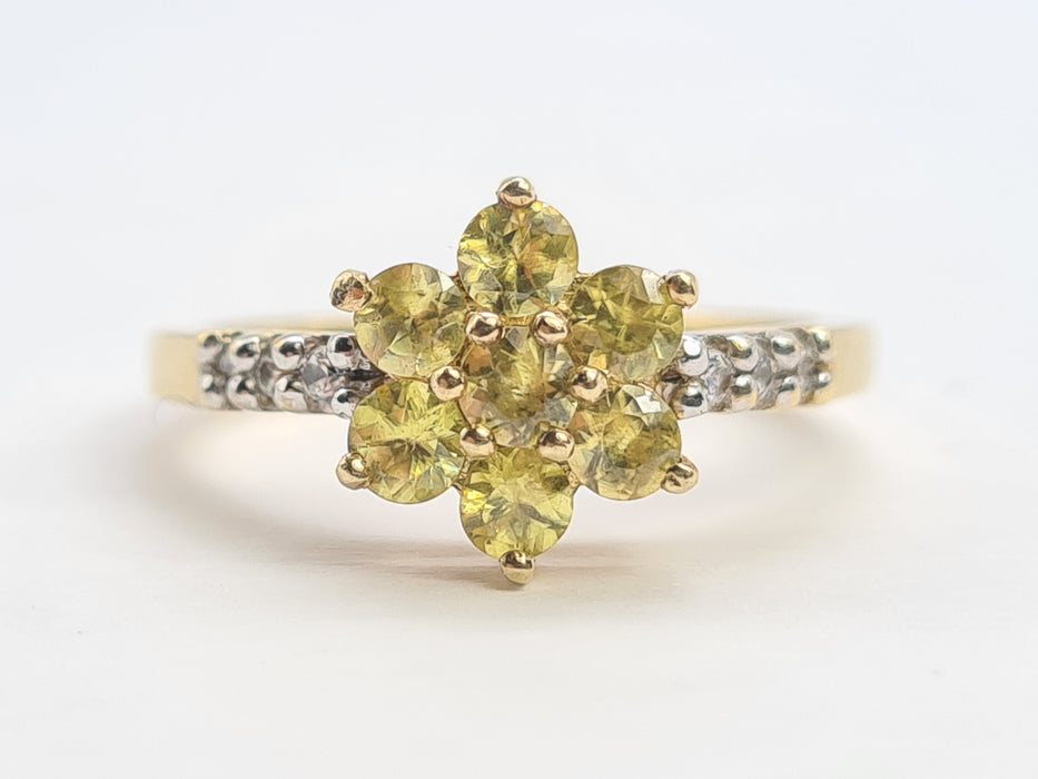 6193 Vintage: 9ct Gold Heliodor  & Glacier Topaz Flower Head Ring