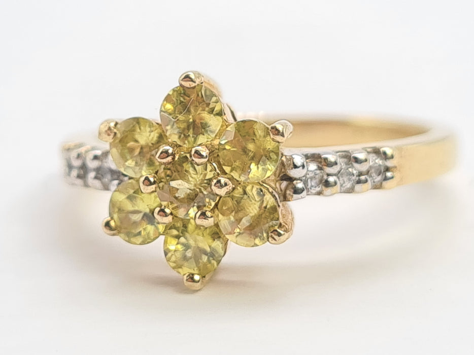 6193 Vintage: 9ct Gold Heliodor  & Glacier Topaz Flower Head Ring