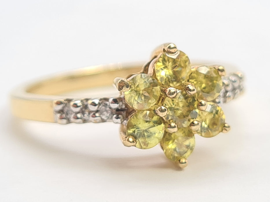 6193 Vintage: 9ct Gold Heliodor  & Glacier Topaz Flower Head Ring