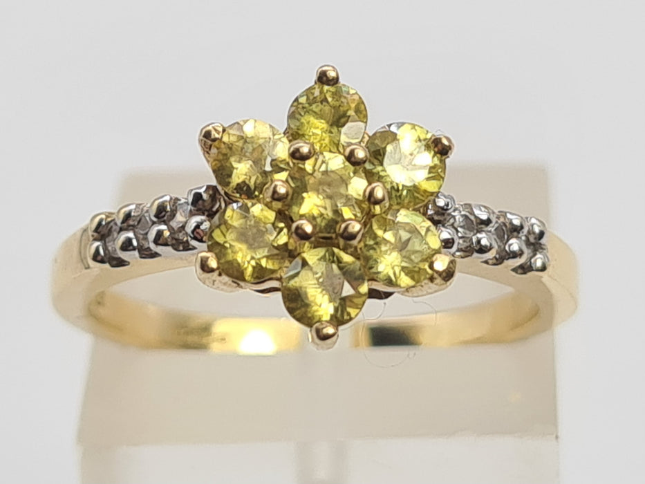 6193 Vintage: 9ct Gold Heliodor  & Glacier Topaz Flower Head Ring