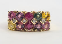 Load image into Gallery viewer, 0530: Vintage: Statement 9ct Gold Mixed Sapphires Diamonds Cocktail Ring- rainbow beauty
