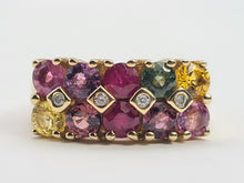 Load image into Gallery viewer, 0530: Vintage: Statement 9ct Gold Mixed Sapphires Diamonds Cocktail Ring- rainbow beauty
