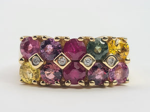 0530: Vintage: Statement 9ct Gold Mixed Sapphires Diamonds Cocktail Ring- rainbow beauty