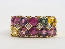 Load image into Gallery viewer, 0530: Vintage: Statement 9ct Gold Mixed Sapphires Diamonds Cocktail Ring- rainbow beauty
