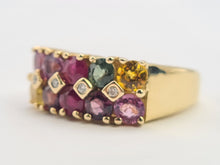 Load image into Gallery viewer, 0530: Vintage: Statement 9ct Gold Mixed Sapphires Diamonds Cocktail Ring- rainbow beauty
