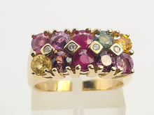 Load image into Gallery viewer, 0530: Vintage: Statement 9ct Gold Mixed Sapphires Diamonds Cocktail Ring- rainbow beauty
