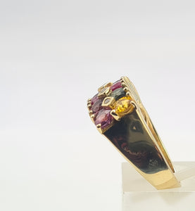 0530: Vintage: Statement 9ct Gold Mixed Sapphires Diamonds Cocktail Ring- rainbow beauty