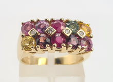 Load image into Gallery viewer, 0530: Vintage: Statement 9ct Gold Mixed Sapphires Diamonds Cocktail Ring- rainbow beauty
