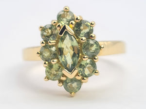 0587: Vintage: Rare 9ct Gold 9 Green Sapphires Geometric Set Cocktail Ring