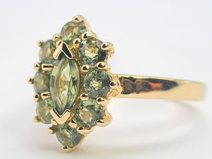 0587: Vintage: Rare 9ct Gold 9 Green Sapphires Geometric Set Cocktail Ring