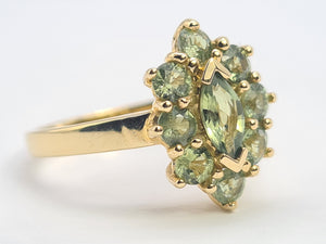 0587: Vintage: Rare 9ct Gold 9 Green Sapphires Geometric Set Cocktail Ring