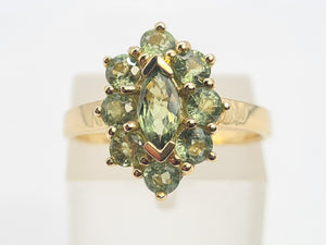 0587: Vintage: Rare 9ct Gold 9 Green Sapphires Geometric Set Cocktail Ring