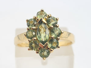 0587: Vintage: Rare 9ct Gold 9 Green Sapphires Geometric Set Cocktail Ring