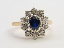 Load image into Gallery viewer, 0744: Vintage: 9ct Gold French Blue Sapphire 10 Diamonds Cluster Ring-Date-Mark 1976
