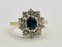 Load image into Gallery viewer, 0744: Vintage: 9ct Gold French Blue Sapphire 10 Diamonds Cluster Ring-Date-Mark 1976
