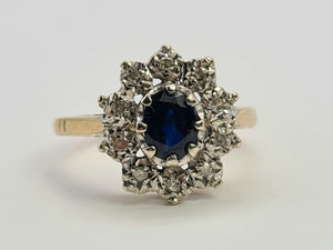 0744: Vintage: 9ct Gold French Blue Sapphire 10 Diamonds Cluster Ring-Date-Mark 1976