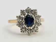 Load image into Gallery viewer, 0744: Vintage: 9ct Gold French Blue Sapphire 10 Diamonds Cluster Ring-Date-Mark 1976
