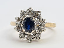 Load image into Gallery viewer, 0744: Vintage: 9ct Gold French Blue Sapphire 10 Diamonds Cluster Ring-Date-Mark 1976
