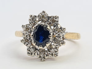 0744: Vintage: 9ct Gold French Blue Sapphire 10 Diamonds Cluster Ring-Date-Mark 1976