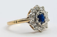 Load image into Gallery viewer, 0744: Vintage: 9ct Gold French Blue Sapphire 10 Diamonds Cluster Ring-Date-Mark 1976
