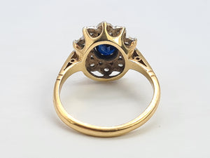 0744: Vintage: 9ct Gold French Blue Sapphire 10 Diamonds Cluster Ring-Date-Mark 1976