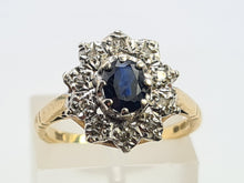 Load image into Gallery viewer, 0744: Vintage: 9ct Gold French Blue Sapphire 10 Diamonds Cluster Ring-Date-Mark 1976
