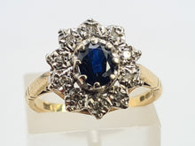 Load image into Gallery viewer, 0744: Vintage: 9ct Gold French Blue Sapphire 10 Diamonds Cluster Ring-Date-Mark 1976
