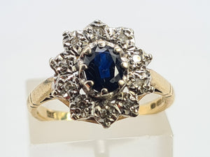 0744: Vintage: 9ct Gold French Blue Sapphire 10 Diamonds Cluster Ring-Date-Mark 1976