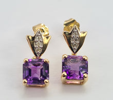 Load image into Gallery viewer, 0211: Vintage: 9ct Gold Lilac Amethysts Diamonds Drop Stud Earrings
