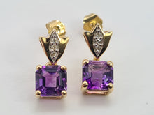 Load image into Gallery viewer, 0211: Vintage: 9ct Gold Lilac Amethysts Diamonds Drop Stud Earrings
