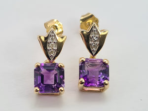 0211: Vintage: 9ct Gold Lilac Amethysts Diamonds Drop Stud Earrings