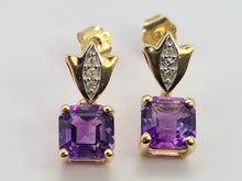 Load image into Gallery viewer, 0211: Vintage: 9ct Gold Lilac Amethysts Diamonds Drop Stud Earrings
