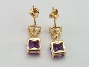 0211: Vintage: 9ct Gold Lilac Amethysts Diamonds Drop Stud Earrings