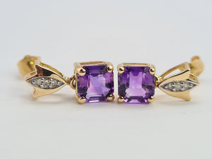 0211: Vintage: 9ct Gold Lilac Amethysts Diamonds Drop Stud Earrings