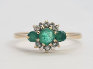 0242: Vintage: Petite 9ct Gold Emeralds Diamonds Dress Ring