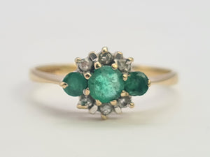 0242: Vintage: Petite 9ct Gold Emeralds Diamonds Dress Ring